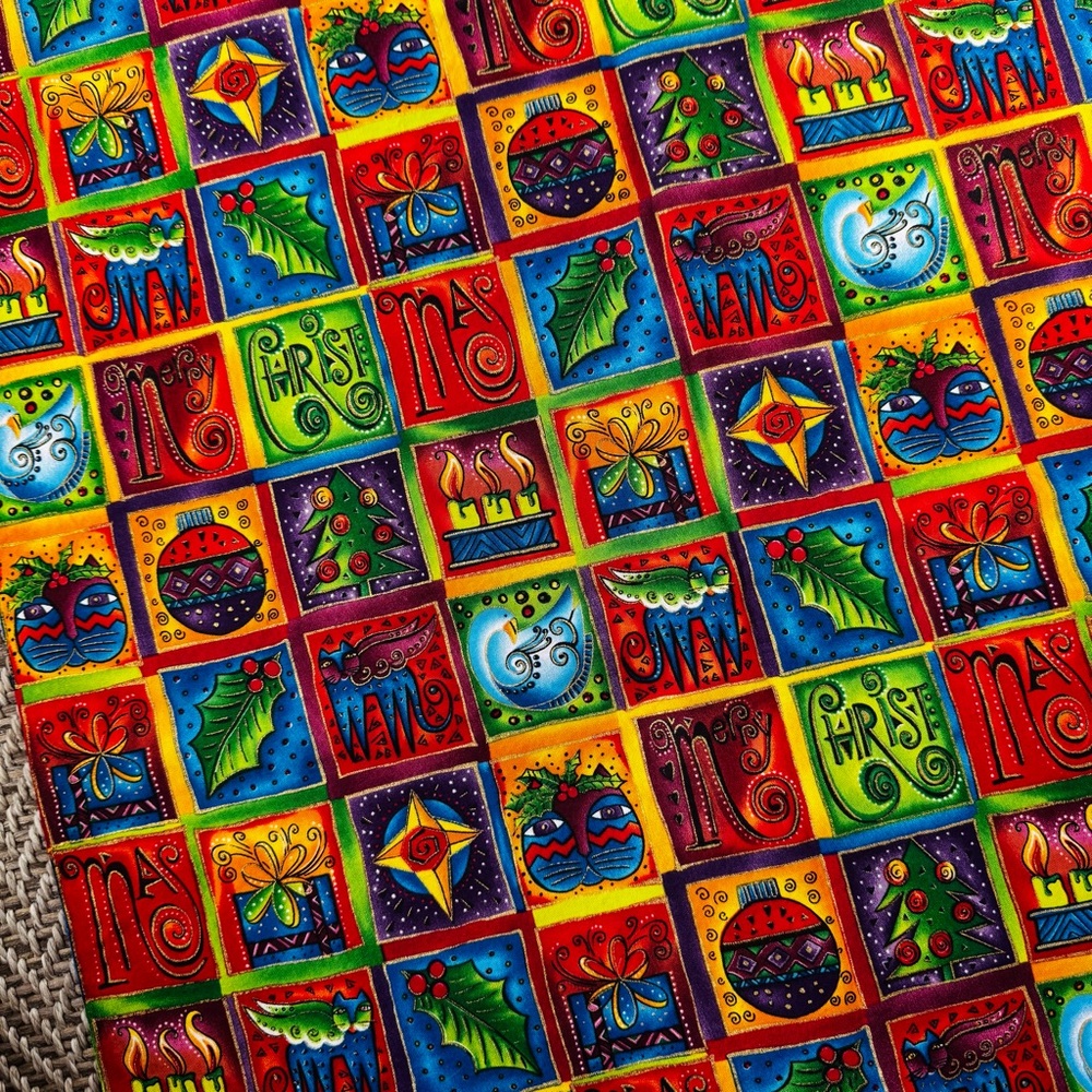 Laurel Burch Cotton Fabric “Holiday Collection” Cats, Blocks, 1 yard